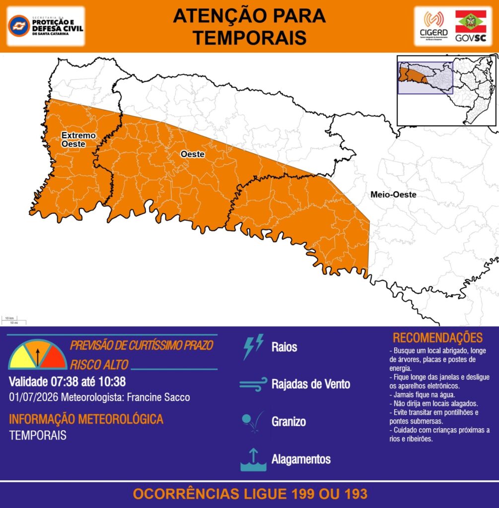 Defesa Civil alerta para temporais com granizo e ventos fortes no Oeste de Santa Catarina